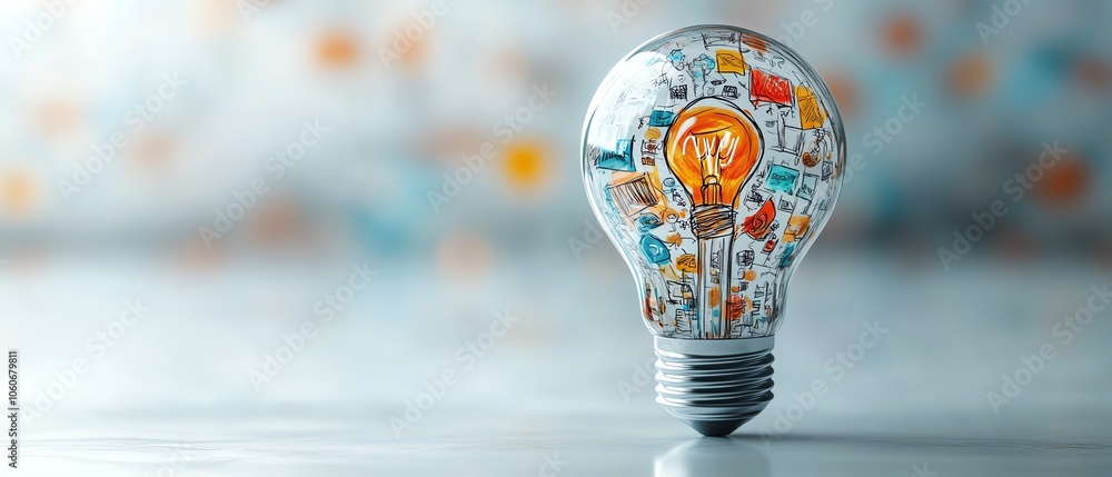 Poster engaging 3d visualization of a lightbulb filled with handdrawn business sketches on a pristine white