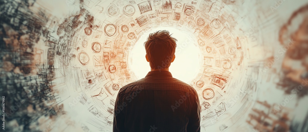 Poster engaging 3d visualization of a businessman viewing handdrawn business icons in a circular pattern fr