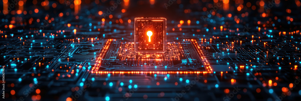 Aufkleber a vibrant digital lock is illuminated on a circuit board, symbolizing cybersecurity amidst a backdro