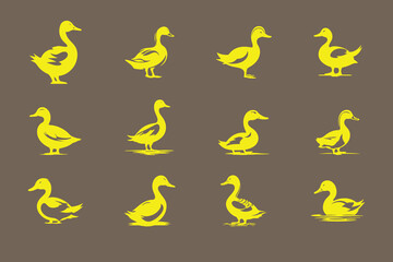 Ducks logo icon vector, set of swan silhouette 12 icons isolated on brown background