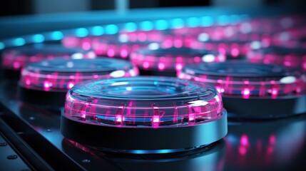 A futuristic interface with glowing pink and blue lights, illuminating a sleek, circular control panel with intricate details.