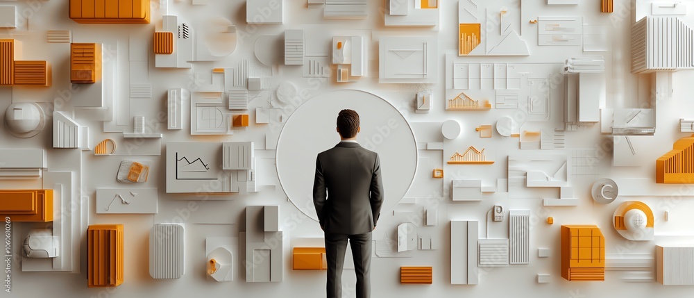 Poster eyecatching 3d visualization of a businessman observing various handdrawn business icons arranged in