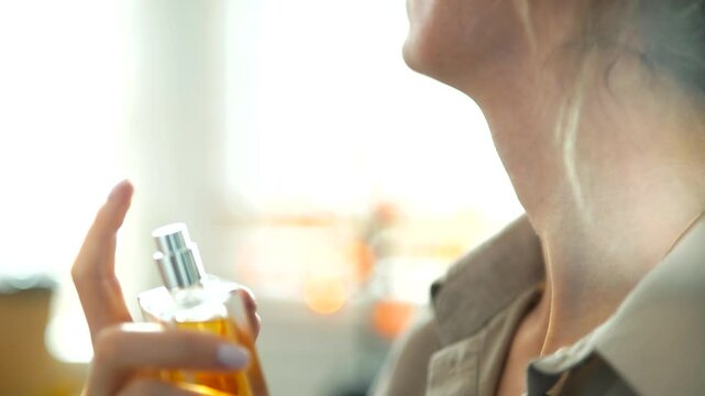 Woman applying perfume to neck with spray bottle