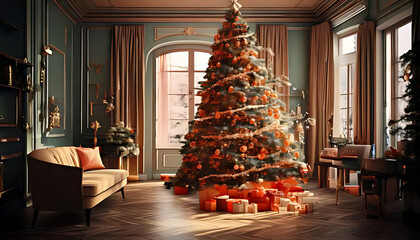 Fototapeta premium festive interior scene features christmas tree digital rendering art style visuals