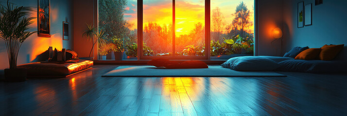 Fototapeta premium A warm sunset casts golden light into a cozy living room filled with plants and soft cushions, creating a tranquil and inviting atmosphere