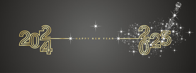 New year event 2025 compact golden triple line design in shape of foreward arrow and backward for 2024 with white sparkle firework, champagne open new year eve golden black vector greeting card.ai