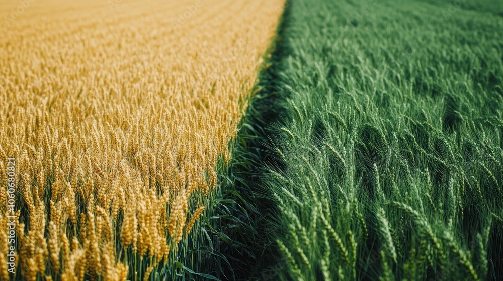 Poster a field of ripe golden wheat next to a field of vibrant green wheat, creating a sharp contrast in co
