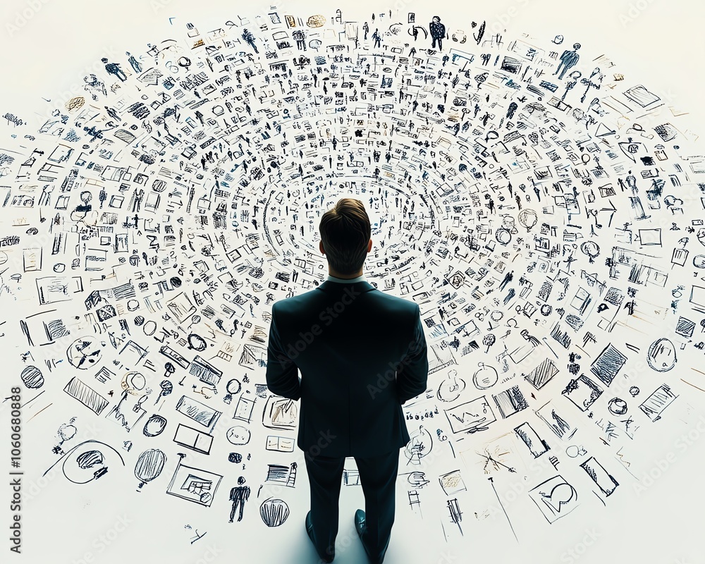 Poster professional 3d rendering of a businessman observing a collection of handdrawn business symbols arra