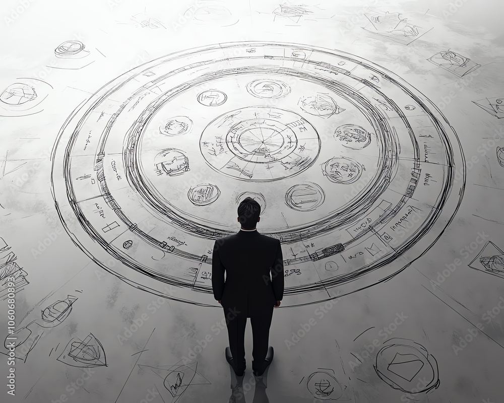 Poster professional 3d rendering of a businessman observing a collection of handdrawn business symbols arra