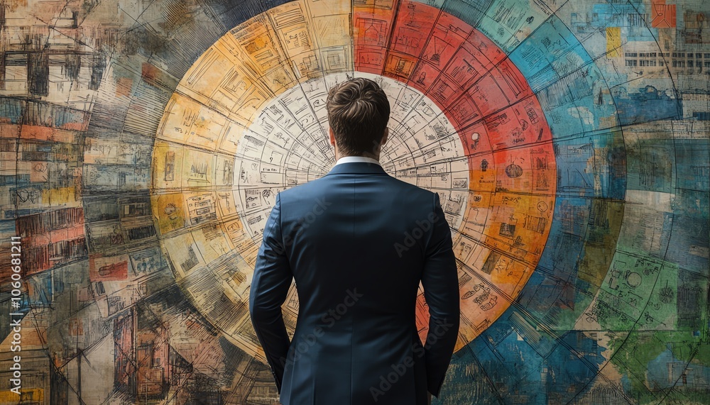 Poster stunning 3d rendering of a businessman from behind observing handdrawn business icons and symbols ar