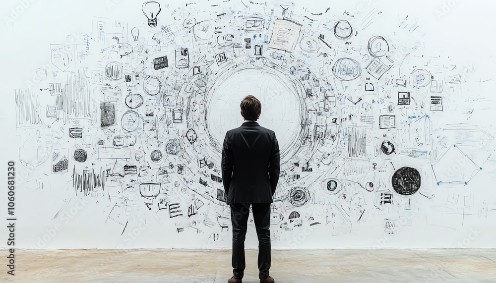 Poster stunning 3d rendering of a businessman from behind observing handdrawn business icons and symbols ar