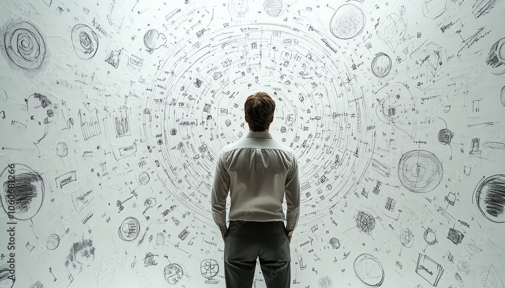 Poster stunning 3d rendering of a businessman from behind observing handdrawn business icons and symbols ar
