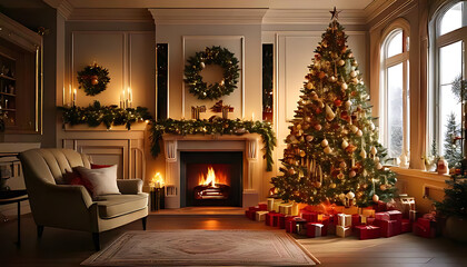 room features stylish christmas tree decorated fireplace festive holiday look