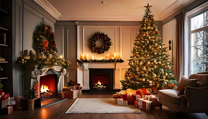 room features stylish christmas tree decorated fireplace festive holiday look