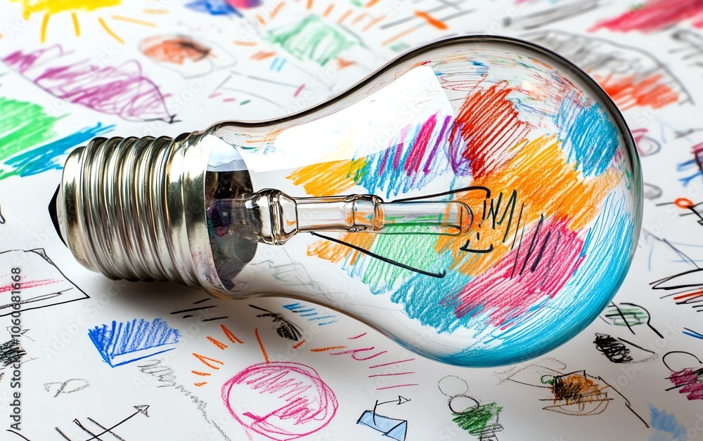 Poster vivid 3d image of a lightbulb displaying colorful business sketches on a white backdrop, emphasizing