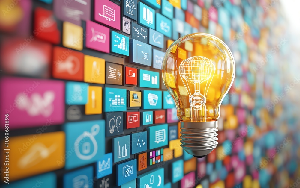 Poster vivid 3d image of a lightbulb displaying colorful business sketches on a white backdrop, emphasizing