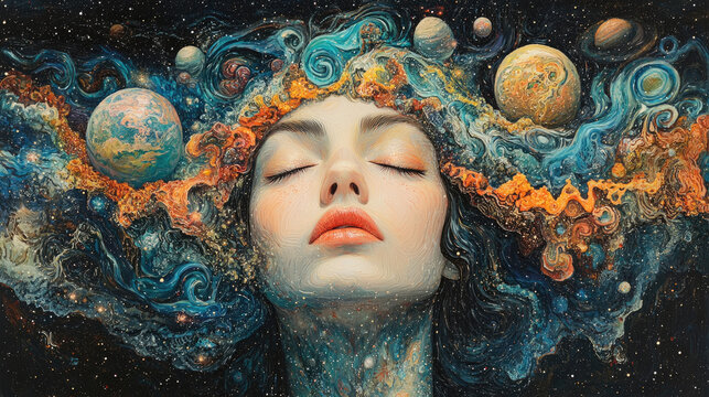 A woman with closed eyes is surrounded by planets and swirling galaxies, embodying a cosmic connection in a vivid, imaginative setting