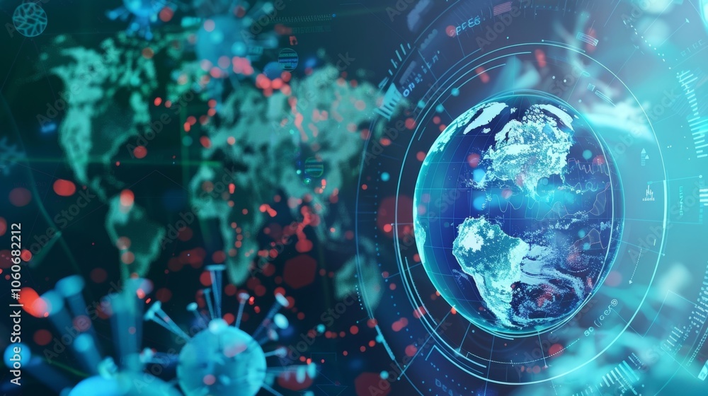 Aufkleber futuristic interface analyzing coronavirus spreading data with world map and earth globe rotating, c