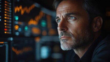 businessman immersed in analyzing financial data on a large screen surrounded by stock market trends and economic reports conveying a sense of urgency and insight in a corporate environment