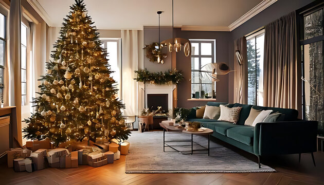 stylish living room features beautifully decorated christmas tree festive decorations