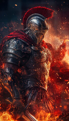 Fierce Armored Warrior with Flames and Smoke in Dark Fantasy Style