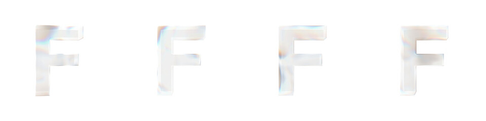 Set of 4 3d letter F with glass distortion effect isolated on a transparent background. 3d transparent elements for graphic design.