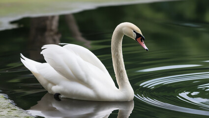Obraz premium Stunningly beautiful and graceful swan with mirrored reflection in the water