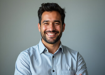 Obraz premium Latin entrepreneur smiles for headshot, exuding confidence and positivity as a young Hispanic businessman in a casual shirt.