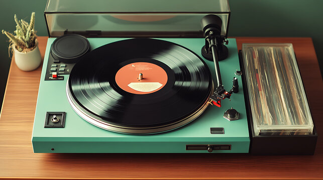 Retro record player with vinyl on wooden table, evoking nostalgia