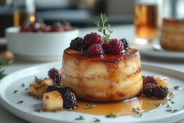 buttermilk french toast elegantly plated on a pristine white table in a modern kitchen garnished with fresh berries and syrup presenting a mouthwatering breakfast experience