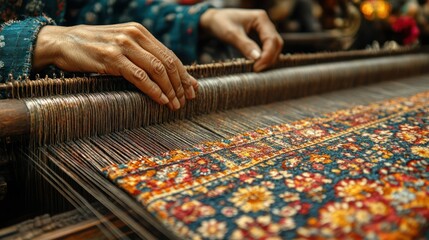 Obraz premium A detailed close-up of traditional Lao silk weaving, with a craftsperson creating intricate patterns on a loom.