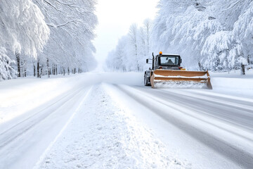 Snow-covered road lined with trees and a snowplow, creating a winter scene