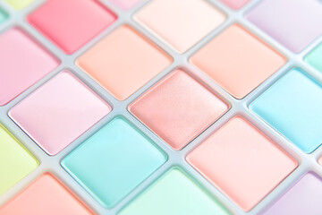 Fototapeta premium Close-up of soft pastel eyeshadow squares in a grid, creating a gentle and pleasing color arrangement