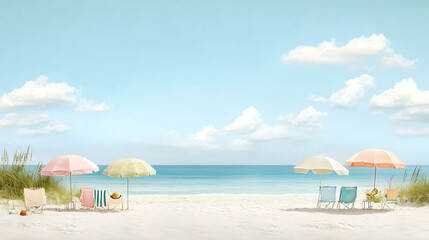 Fototapeta premium serene beach scene with colorful umbrellas and calm waters