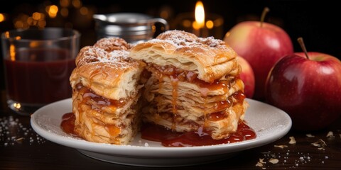 A decadent pastry layered with caramel, sprinkled with powdered sugar, and drizzled with sauce, showcasing its flaky and buttery texture