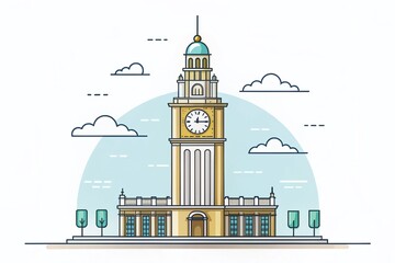 Panoramic View of Iconic Clock Tower - Thin Line Outline Design for Monuments Collection, Isolated on White Background