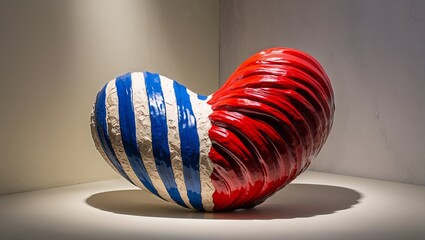 A heart-shaped sculpture featuring bold red and blue stripes displayed in a minimalist gallery...