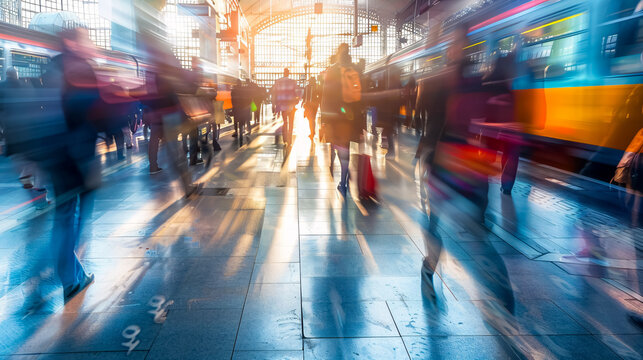 A beautiful motion blur captures people walking in a train station during early morning rush hours, symbolizing the busy modern life. Ideal for website and magazine layouts.