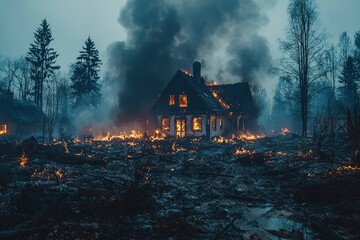 A burning house engulfed in smoke and flames in a forest at dusk.