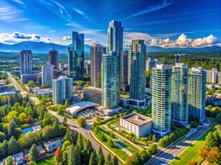 Naklejka premium Panoramic View of Urban Buildings in Surrey, Vancouver on a Sunny Day - Modern Architecture, Cityscape, Bright Skies, Vibrant Atmosphere, Urban Lifestyle