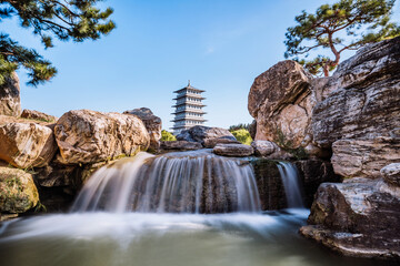 The ancient style architecture and scenery of Chang'an Tower in Xi'an World Expo Park, Shaanxi...