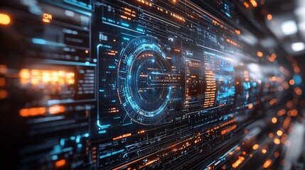 An abstract representation of a futuristic digital interface with holographic elements and glowing data streams.