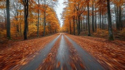 Fototapeta premium car speeding through a picturesque autumn forest captured with motion blur to convey a sense of speed and freedom amidst the colorful foliage