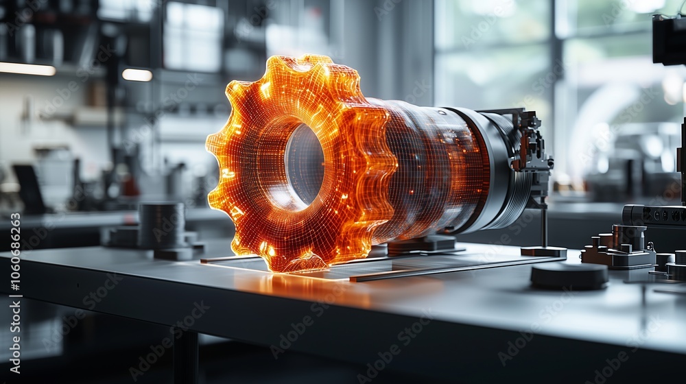 Poster a luminous gear prototype on a table in a modern engineering workshop, showcasing innovation.