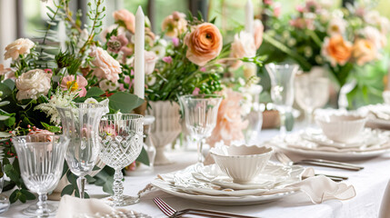 Fototapeta premium Elegant Table Setting: A beautifully set table for a party, wedding reception, or other festive events, featuring crockery, glassware, cutlery, and decorative flowers.