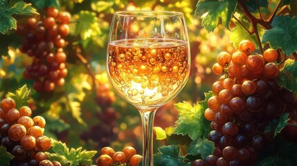 cartoonstyle illustration of a frosty glass of white wine with lively bubbles and a cheerful backdrop of grapes creating a playful and inviting atmosphere