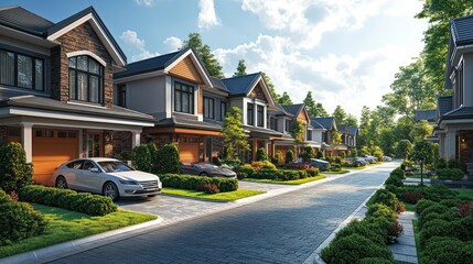 Naklejka premium A highly detailed suburban neighborhood with modern homes and clear driveways, isolated on a white background.