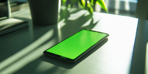smartphone lying on minimalist desk, displaying bright green screen, surrounded by soft shadows and plant, creating calm atmosphere