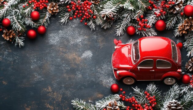 Christmas invitation card background featuring snowy setting and red toy car