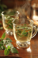 Close-up of herbal tea infusion with fresh flowers